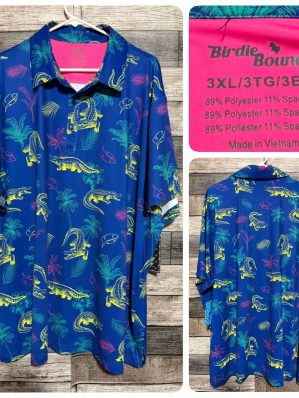 Birdie Bound Polo Shirt Men’s 3XL Blue Palm Tree Crocodile Alligator Floral Golf